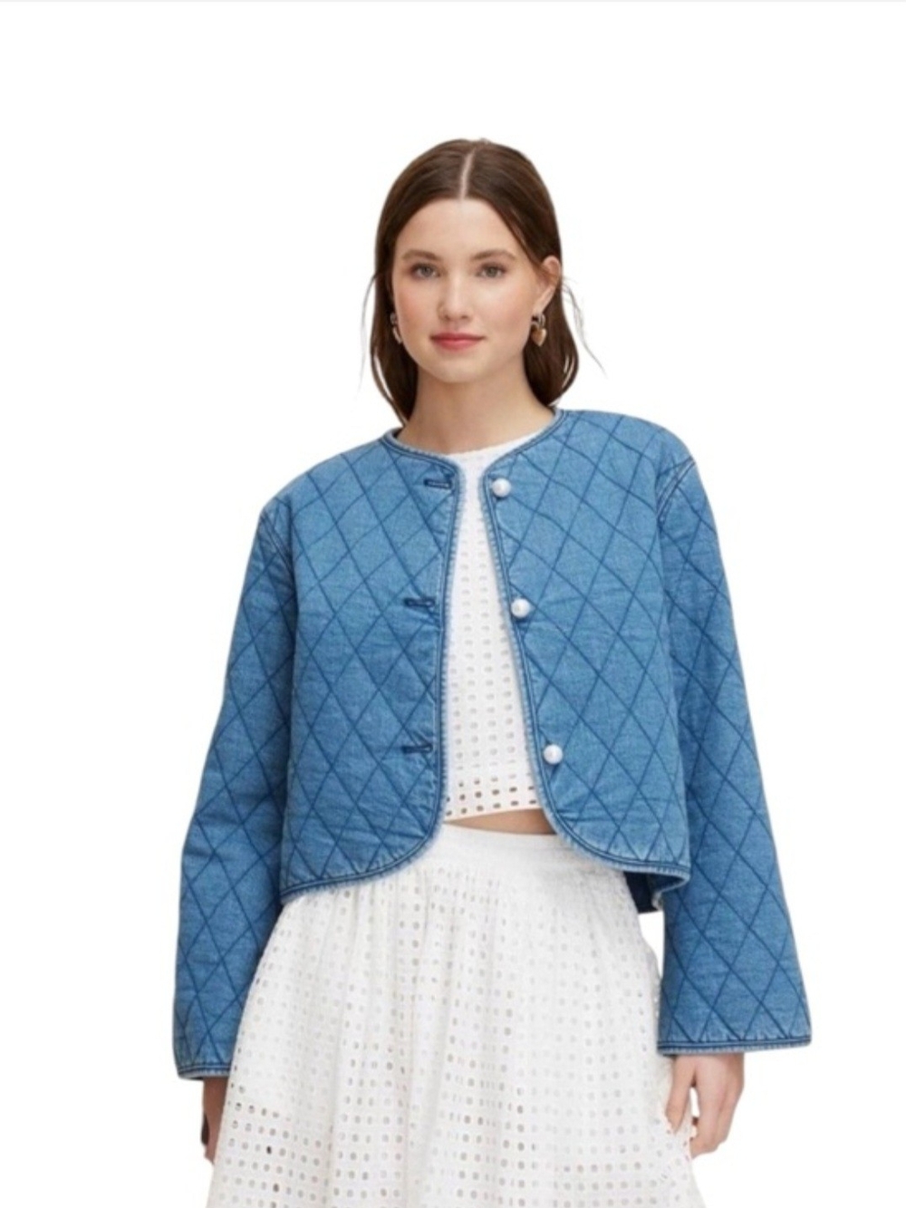 kate spade Quilted Light Blue Crop Denim Jacket W/ Pearl Buttons Size Large NWT